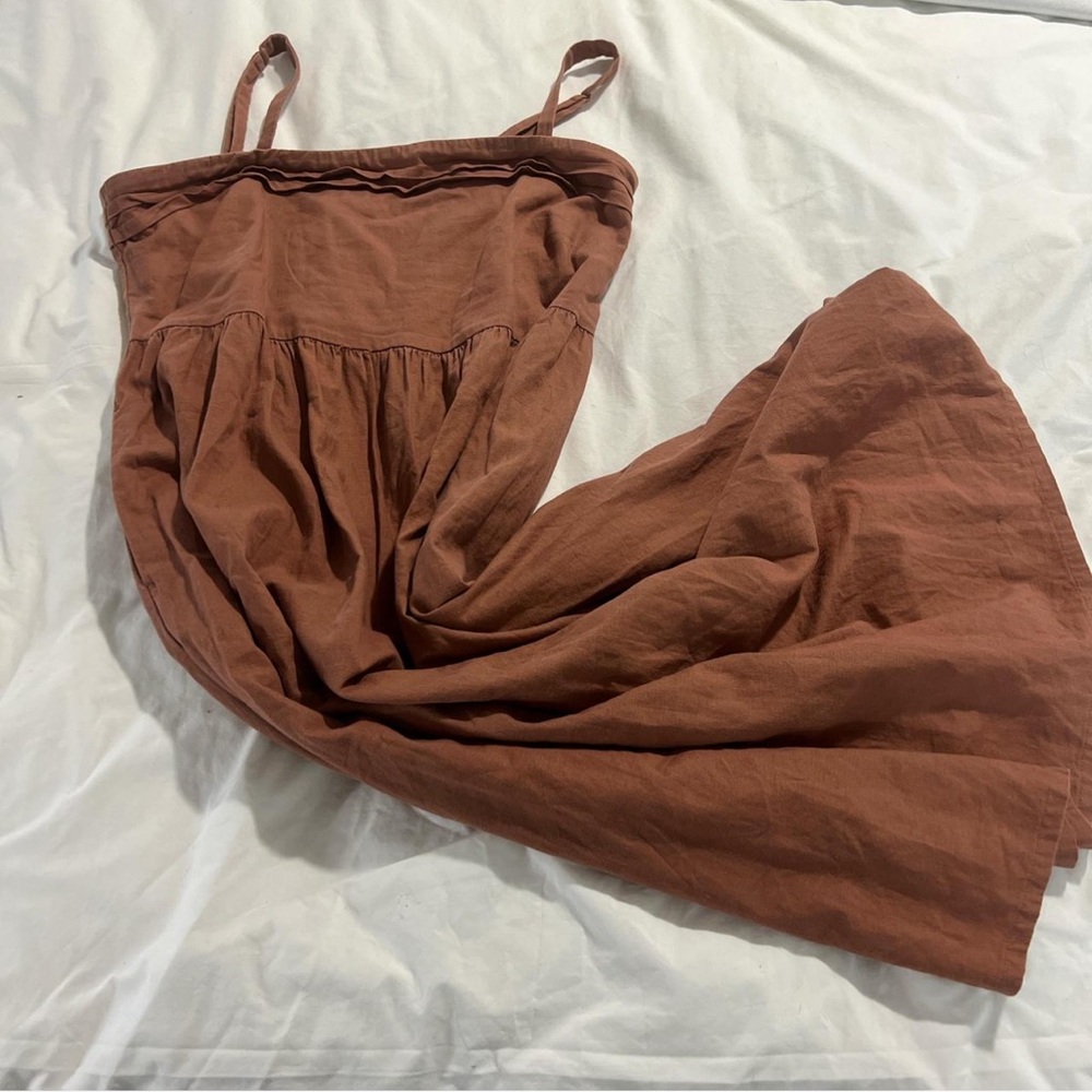 Sleeveless Brick Orange Linen-Blend Midi Dress